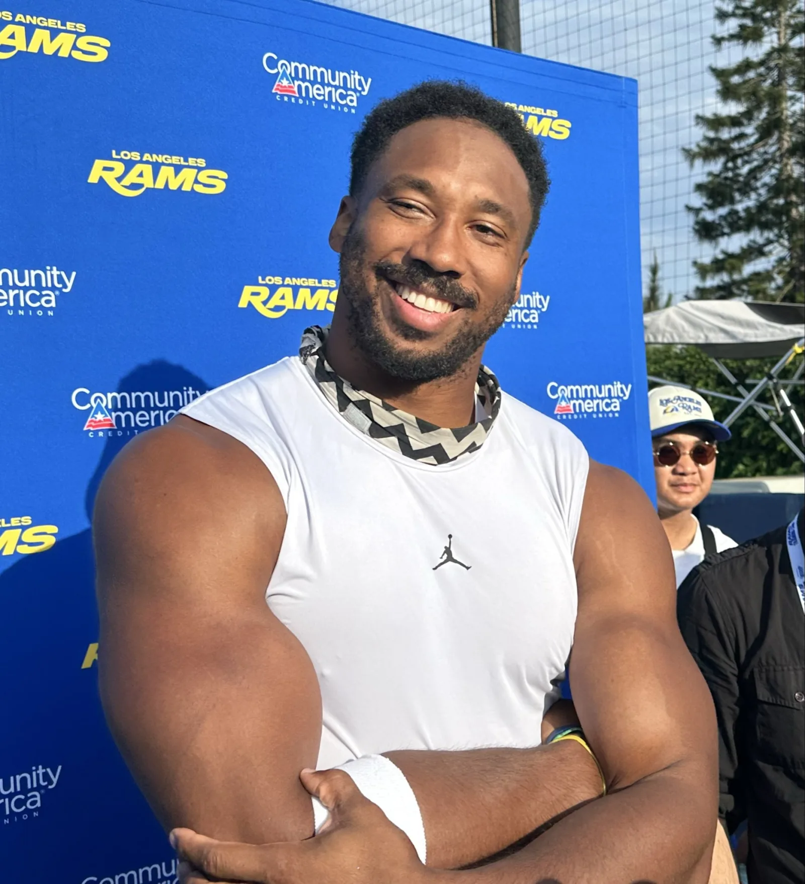 Myles Garrett at Los Angeles Rams training camp in August 2026.