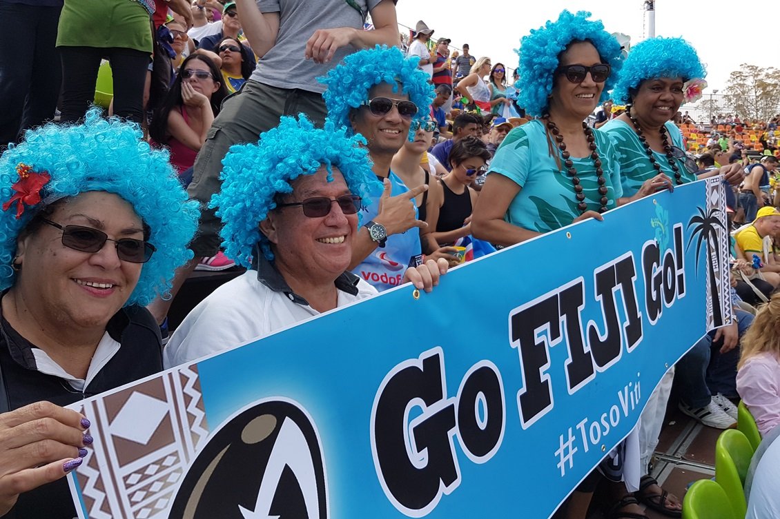 Fiji rugby supporters at the Rio 2016 Olympic sevens tournament on 9 August 2016.