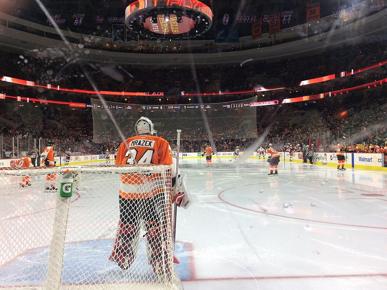 Wide rinkside view of a Philadelphia Flyers game against Columbus in February 2018.