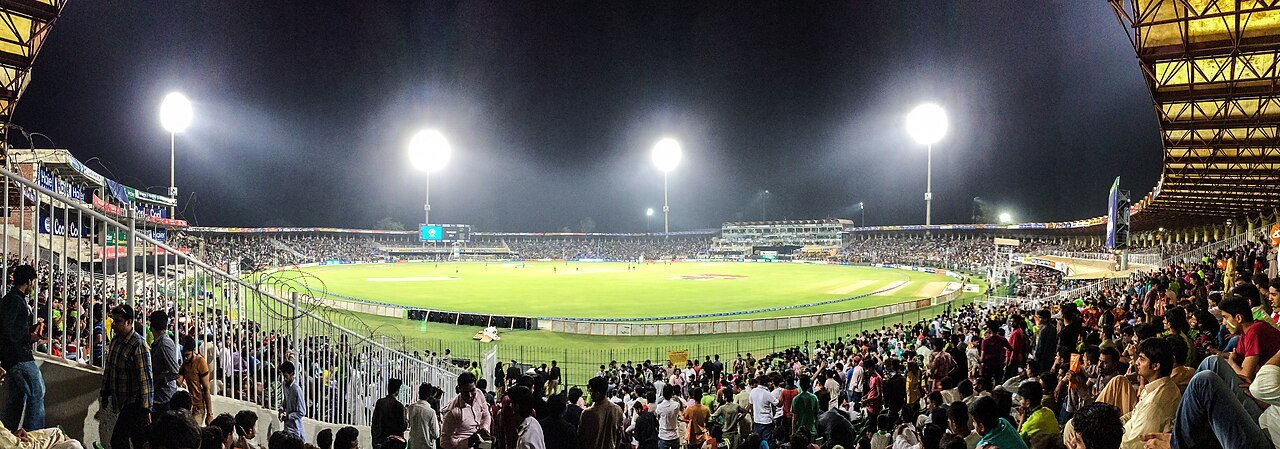 Panoramic night view of Gaddafi Stadium in Lahore, photographed in 2015.