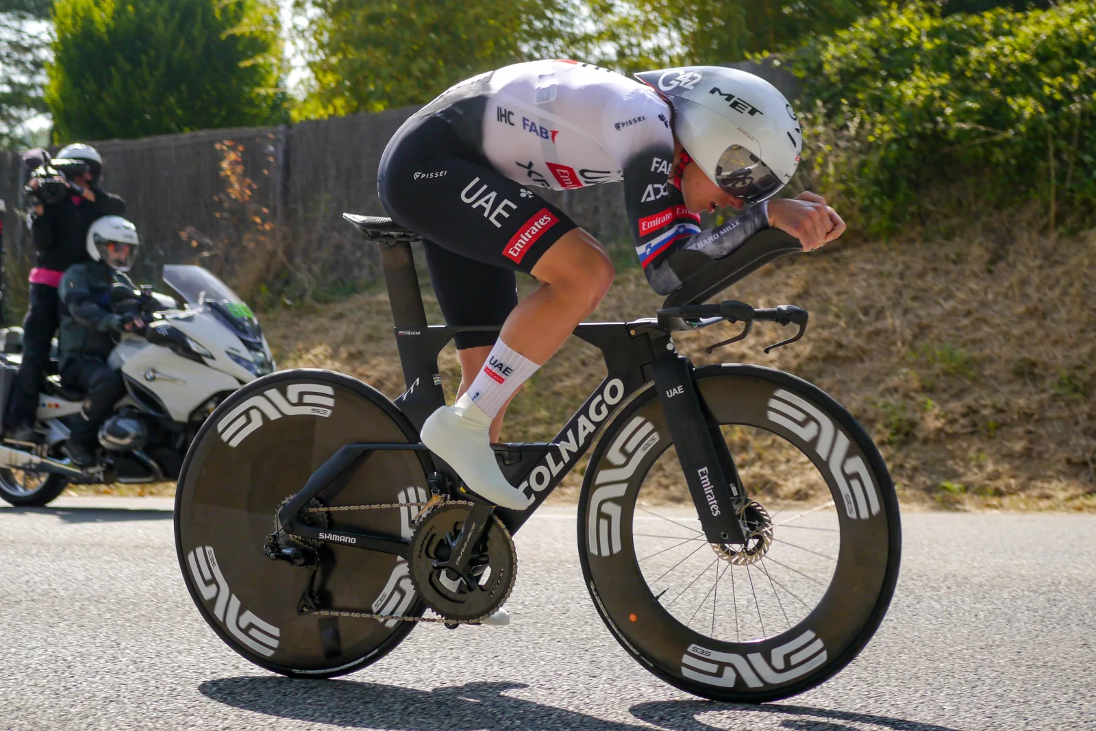 Tadej Pogačar racing in the stage-four time trial at the 2025 Critérium du Dauphiné.