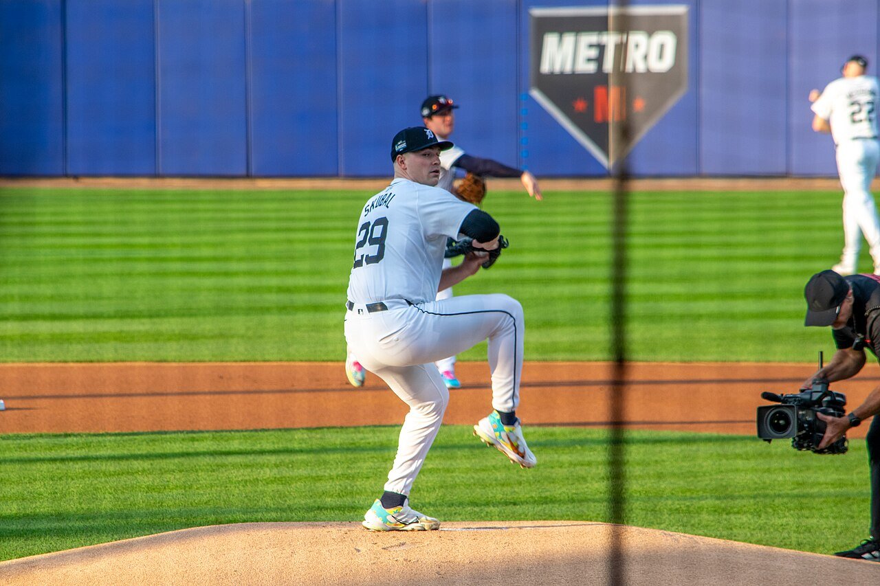 Tarik Skubal pitching for Detroit in the 2024 MLB Little League Classic.